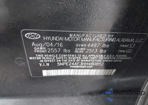 2017 Hyundai Sonata Se z USA, uszkodzony, nr VIN 5NPE24AF3HH480852